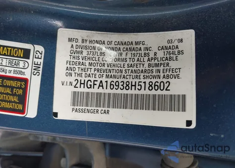 2008 Honda Civic Ex-L z USA, uszkodzony, nr VIN 2HGFA16938H518602